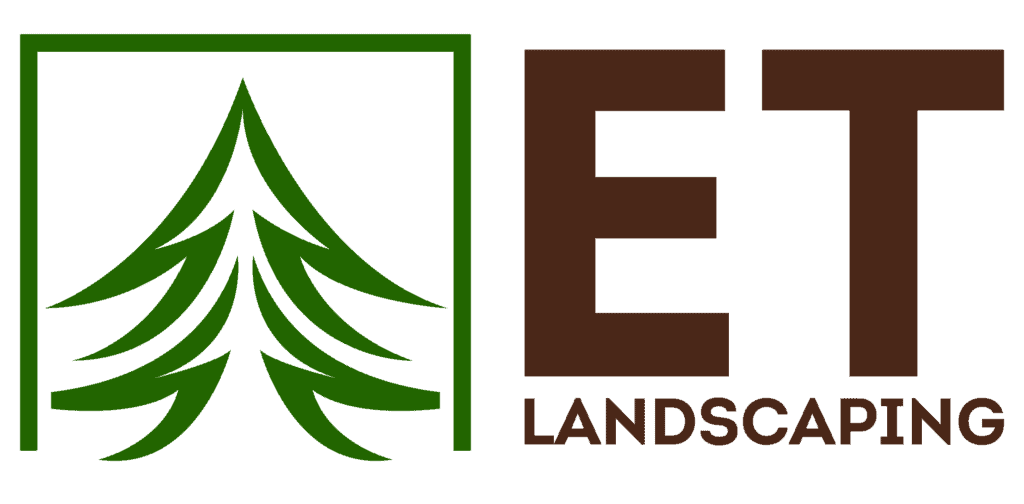 ET Landscaping logo with a green pine tree and brown text on a white background.
