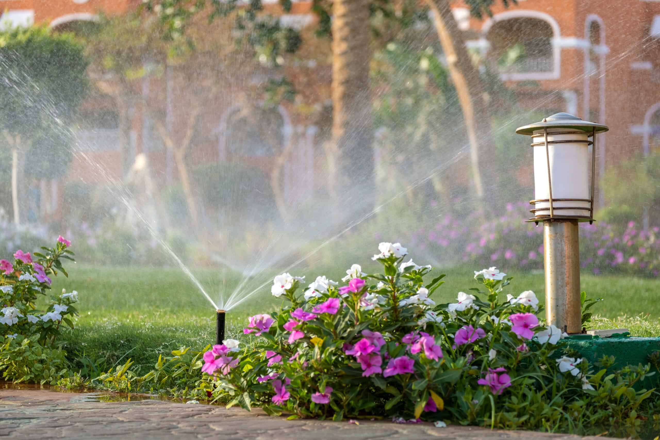 Lush garden with sprinkler system and garden lamp in a well-maintained outdoor space.